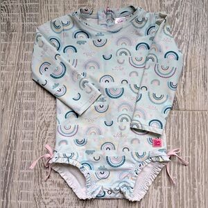 Ruffle Butts girls 2T blue long sleeve one piece swimwear‎ rainbows pink snaps